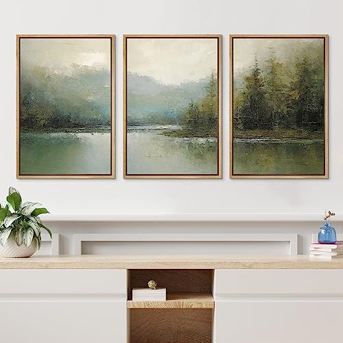 wall26 Framed Canvas Print Wall Art Set Emerald Green Pastel Pine Tree Forest Nature Wilderness Illustrations Modern Art Decorative Rustic Relax/Calm Colorful for Bedroom - 24"x36"x3 Natural - color: A13-2306-na04, size: 24" x 36" x 3 Panels NATURAL