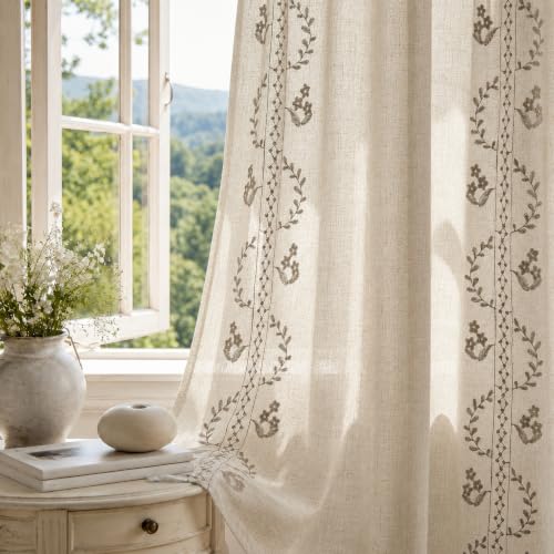 Deconovo Floral Linen Sheer Curtains 84 Inch Long for Living Room 2 Panels - color: Beige/Meadow Floral/Back Tab, size: 50"W x 84"L (Pack of 2)
