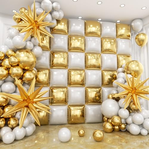 36pcs White and Gold Square Foil Balloons Wall Backdrop with 147pcs Balloon Garland Arch Kit, Double Sided Balloons for Wedding Engagements Birthday Bridal Shower Anniversary Party Decorations - color: White and Gold