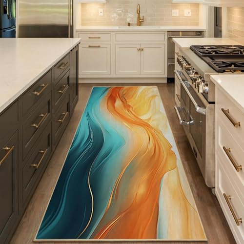 Orange Teal Kitchen Runner Rug 2'x6' Turquoise Orange Marble Decor - color: Orange Teal, size: 2' x 6'