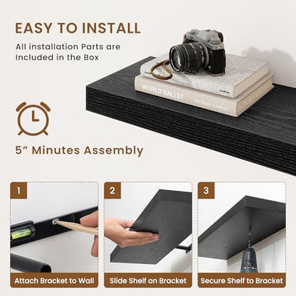 Floating Shelves for Wall, Wall Mounted Wood Shelves, Black, Set of 3, 6.5” - color: Black, size: 6.5"W x 6.5"D , 3 Pack