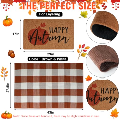 2-Piece Fall Front Door Mat Set, Coir Mat & Brown White Buffalo Plaid Mat - color: Brown and White
