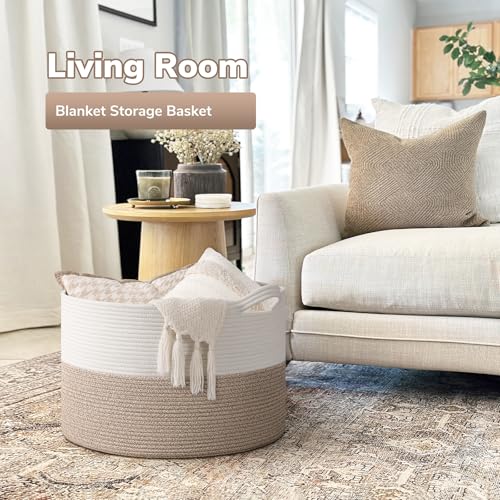 Goodpick 65L Large Woven Rope Basket for Blankets Living Room, 65L - color: Light Brown, size: 19.7x19.7x12.6 Inch (Pack of 1)