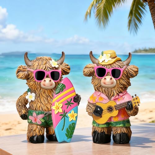 2 Pcs Highland Cow Figurines, Summer Beach Hawaii Decor - style: Hawaii
