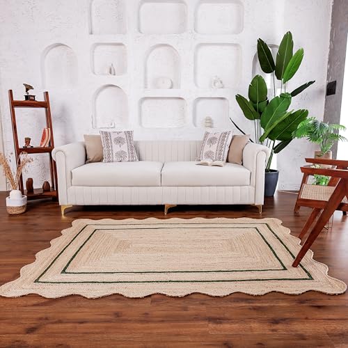 Wave Scalloped Jute Rug Entryway Natural Boho Area Rug Green 2'x3' - color: Emerald Green, size: 2'x3'