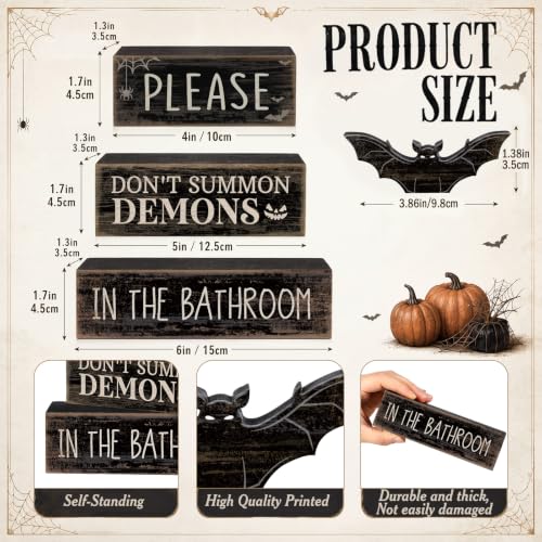Moucuny 4 Pcs Halloween Bathroom Decoration Gothic Bat Wooden Stacked Block - style: Bat & Demon
