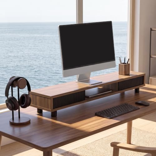 Fenge Dual Monitor Stand with Storage, Desk Shelf with Glass Sliding Door - color: Brown