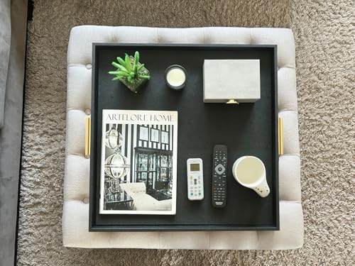 HofferRuffer Extra Large Square Serving Tray, Elegant Faux Leather Ottoman Tray with Gold Hardware Handles, Serve Tea, Coffee or Breakfast in Bed, 24 x 24 inches (Black Shagreen) - color: Black, size: 24" x 24" x 2"