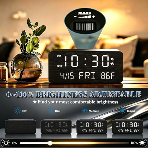 Premium Black Wooden Digital Alarm Clock with Wireless Phone Charger, Dual USB Charging Ports, Dimmable LED Display, Date and Day of Week, Small Digital Desk Clock for Bedroom Nightstand Bedside Table - color: Black