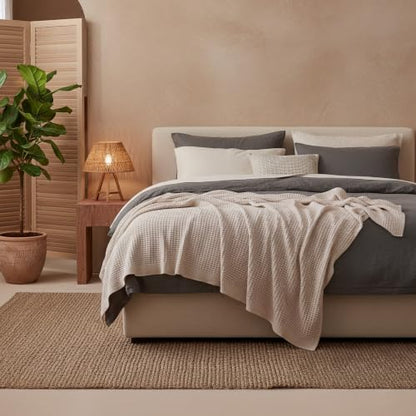 Bedsure 100% Cotton Throw Blanket for Couch, Waffle Weave, Beige, 50"x70" - color: 02 Beige, size: Throw XL (50" X 70")