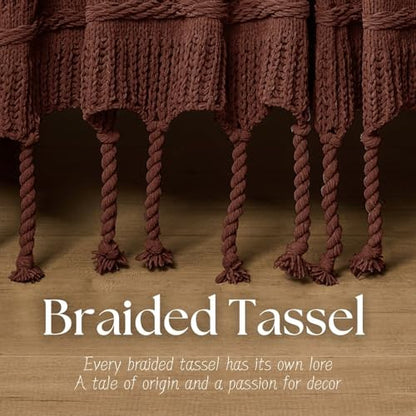 Boho Knitted Chenille Blanket with Tassels - Lightweight & Soft All-Season Throw - 3D Classic Pattern for Living Room Bedroom Couch, Copper Brown, Throw 50"x60" - color: Copper Brown, size: Throw