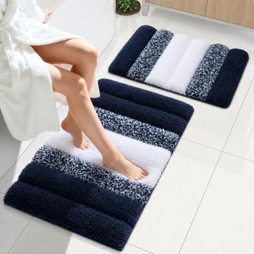 XIYUNTE Shaggy Bathroom Rugs Set of 2piece 32x20+24x16, Extra Thick 2000GSM Non Slip Bath Mat with Drain Groove Rubber Backing, Quick Dry Absorbent Microfiber Bath Rugs for Bathroom Floor, Blue White - color: Blue White, size: 32” x 20”+24” x 16”