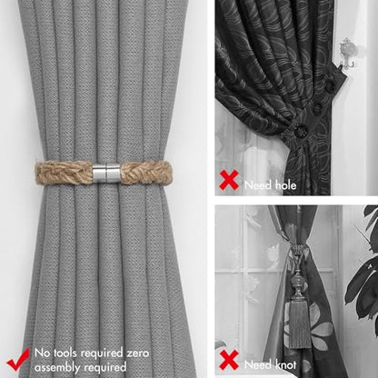 NICEEC 2 Pack Natural Jute Rope Curtain Tiebacks Elegant Boho Style Magnetic Drape Tie Backs Soft Hand-Woven Rope Curtain Holdbacks for Home & Office Drapery (Jute Rope-Thick) - color: Jute Rope-thick, size: 2 Pack