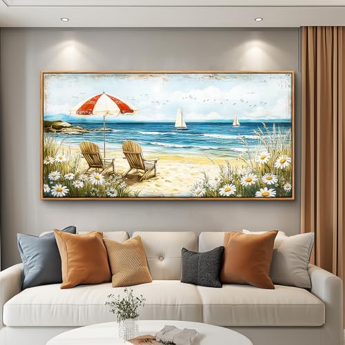 ERQINHUA Large Wall Decor Canvas Painting Wall Art For Living Room Decoration Blue Seaside Landscape Painting Bedroom Print Artwork Picture For Dining Room Bathroom Home Decor Wood Frame 24x48 In - color: Blue Seaside Landscape Painting Wood Frame, size: