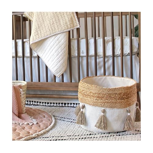 Crane Baby Fabric Round Nursery Storage Basket, Cotton & Jute , 13" x 12" - size: 13 x 12 Inches, style: Jute