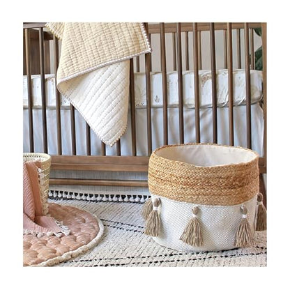 Crane Baby Fabric Round Nursery Storage Basket, Cotton & Jute , 13" x 12" - size: 13 x 12 Inches, style: Jute