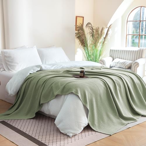 Simple&Opulence 100% Cotton Waffle Weave Blanket, Twin 66"x90", Sage Green - color: Sage Green, size: Twin(66"x90")