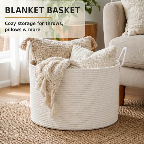 XUANGUO 66L Large Blanket Basket, Round Cotton Rope Basket, White - color: white