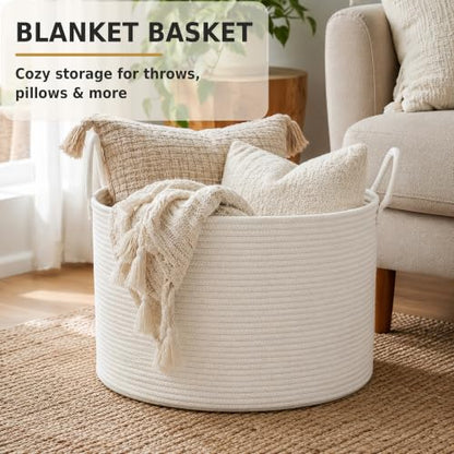 XUANGUO 66L Large Blanket Basket, Round Cotton Rope Basket, White - color: white