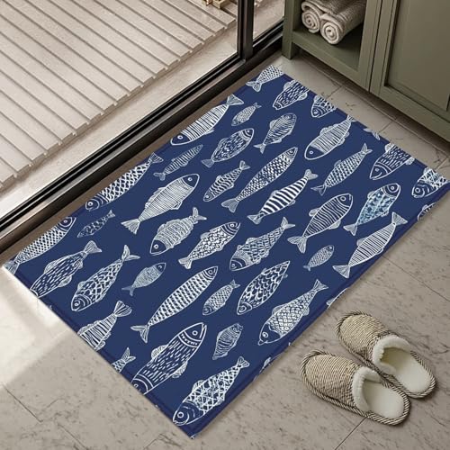 Blue Fish Coir Bath Mat Rug, Door Mat Doormat Entrance Non-Slip Bathroom Rugs for Entryway Bathroom Kitchen 17 x 30 Inch - color: Blue Fish Coir