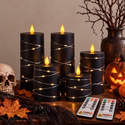 Raycare Halloween Battery Operated Flameless LED Pillar Candle with Remote - color: 5pcs-black