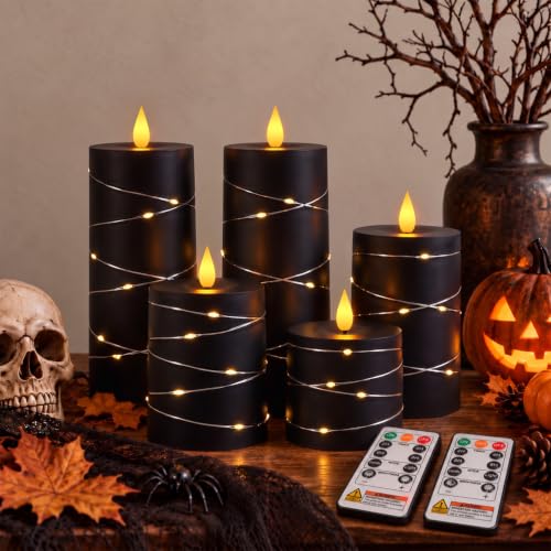 Raycare Halloween Battery Operated Flameless LED Pillar Candle with Remote - color: 5pcs-black