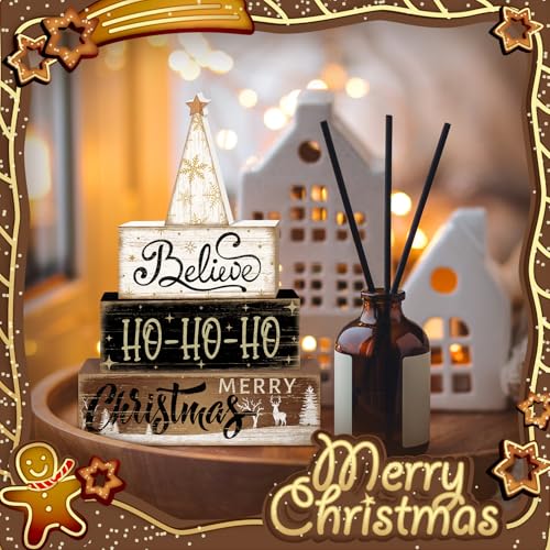 Britimes Christmas Tiered Tray Decor Set, 4 Pack, Wooden Sign, Reindeer - style: Christmas Tree Star