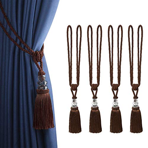 BEL AVENIR 4 Pack Curtain Tiebacks Hand-Woven Holdbacks Tassels Tiebacks - color: Coffee, size: 4 Pack