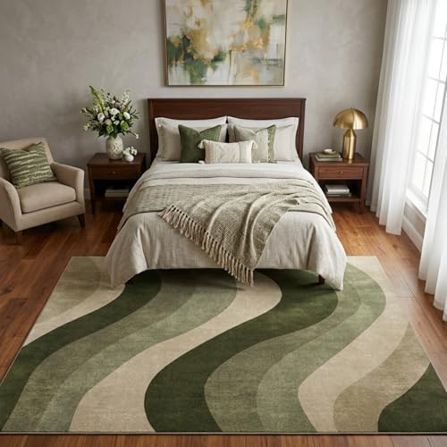 5x7 Olive Green Area Rugs, Modern Washable Rug for Living Room - color: Olive Green/Beige, size: 5' x 7' (Rectangular)