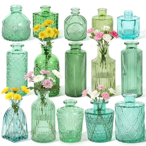 Set of 15 Green Glass Bud Vases Small Textured Flower Vases - color: Green