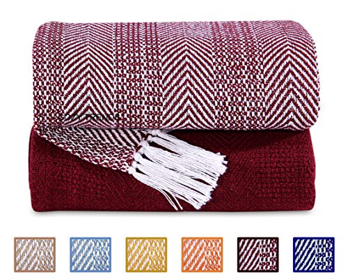 Luxurious Hand Woven Cozy Warm Combed Cotton All Season Indoor Outdoor Light Weight Fade Resistant Couch Chair Bed Throw Blankets Batik 50x60 Inch Set of 2 (Burgundy) - color: Red