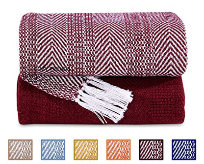 Luxurious Hand Woven Cozy Warm Combed Cotton All Season Indoor Outdoor Light Weight Fade Resistant Couch Chair Bed Throw Blankets Batik 50x60 Inch Set of 2 (Burgundy) - color: Red