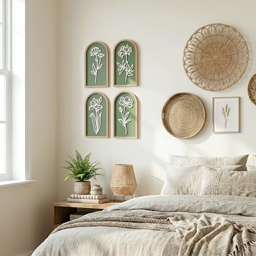 3D Wooden Floral Wall Art Set of 4, Olive Green Arched Bathroom Wall Decor - color: Olive Green