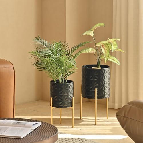 Modern Planter Pots, Set of 2 Black Planters with Stand, Decorative Planters, Metal Pots with Drainage Holes for Living Room, Office, Garden - color: Frosted Black