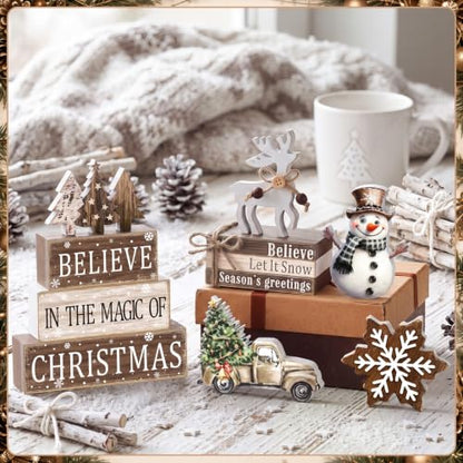 11 Pcs Christmas Table Decorations Christmas Tiered Tray Decorations Set Snowman Reindeer Wooden Stack Signs for Winter Xmas Party Home Kitchen Shelf - style: Christmas
