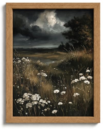 Framed Dark Moody Wildflower Wetland Landscape Wall Art,Vintage Cloudy Nature Painting Picture Wall Decor,Dark Gothic Countryside Scenery Poster Print Artwork,for Bedroom Living Room Home Decoration - color: Dark and Moody, size: 16"L x 12"W