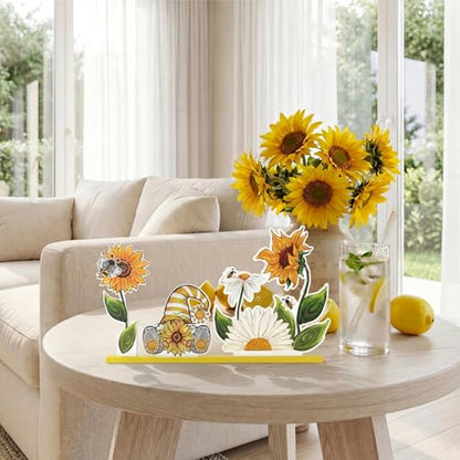 Smile Summer Indoor Decorations Wooden Decor, Sunflower Gnome, Sign for Home Tabletop Centerpiece Mantel Shelf Fireplace - style: Summer Sunflower