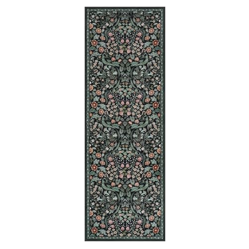 Lahome Dark Floral 2x6 Runner Rug, Washable Botanical Kitchen Runner Rug - color: Black, size: 2' x 6'