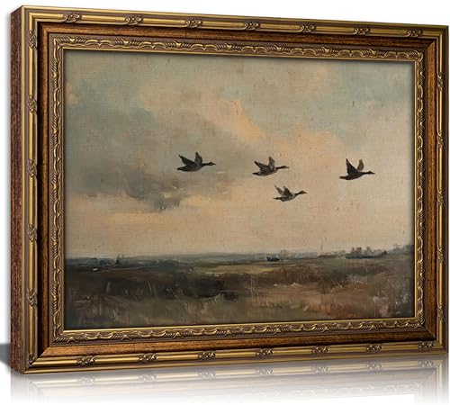 Vintage Gold Framed Bird Wall Art, Retro Flying Duck Landscape Canvas Print - color: Flying Duck, size: 11"L x 9"W
