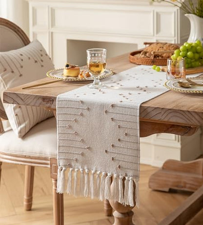 Caflife Taupe Beige Cotton Linen Rustic Boho Table Runner 13x108 Inch Long - color: Taupe Beige, size: 13x108Inch