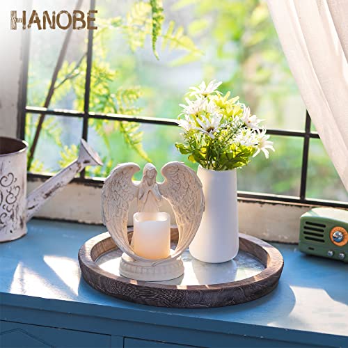 Hanobe 둥근 나무 장식 트레이: 커피 테이블 농가 센터피스 거울 캔들 홀더 빈티지 미러 바 플레이트 오토만 토퍼 홈 데코 욕실 주방용 - color: 디스트레스드 미러