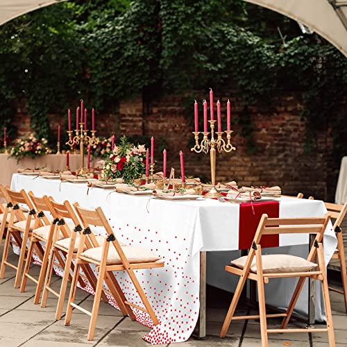8Pack Disposable Plastic Tablecloths and Satin Table Runner Set White and Red Dot Tablecloth Red Satin Table Runner for Wedding Birthday Baby Shower Anniversary Christmas New Year Party Supplies - color: White and Red, size: 8 Pack
