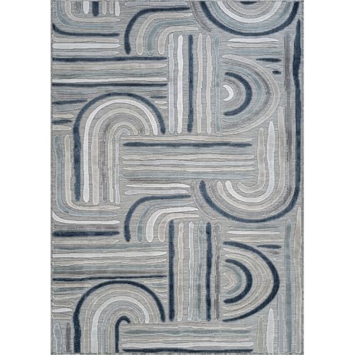CAMILSON Indoor Outdoor Rug, Blue 9x12 Geometric Arch Striped Large Area Rugs for Patio and Home Areas, Easy-Cleaning Non-Shedding Living Room, Garden and Deck Washable Outside Carpet (9 x 12) - color: 3004 Blue, size: 9' x 12' (Rectangular)