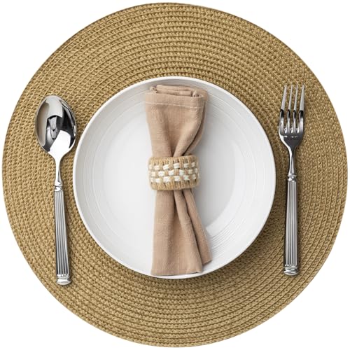 Baroyal Round Placemats Set of 8 Plastic Woven Placemats Washable Wipeable Table Mats for Dining Table Heat Resistant Non-Slip Circle Place Mats (Tan) - color: Tan