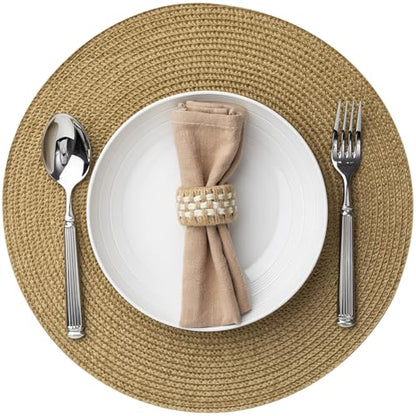 Baroyal Round Placemats Set of 8 Plastic Woven Placemats Washable Wipeable Table Mats for Dining Table Heat Resistant Non-Slip Circle Place Mats (Tan) - color: Tan