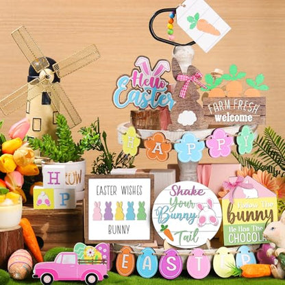 Marsui Easter Tiered Tray Decor Happy Easter Tiered Tray Ornament Rustic Farmhouse Spring Sign Bunny Truck Gnome Egg Wooden Sign for Home Table Decor(Chic Style) - style: Chic Style