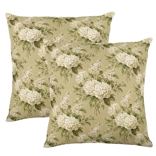 Neutral Beige Hydrangea Floral Linen Pillow Cover 18x18 Inch Set of 2 for Vintage Farmhouse Decor, Insert Not Included - color: Beige-cream-green Vintage