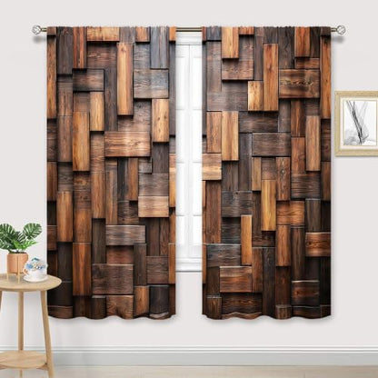 Brown Rustic Farmhhouse Wooden Block Living Room Bedroom Window Curtains - color: A-brown, size: 42"W x 63"L (Pack of 2)