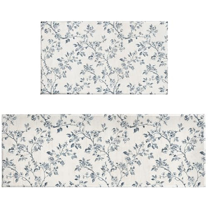 Blue Floral Kitchen Rugs 2 Pcs Blue and White Chinoiserie Flower Kitchen Mat Non Slip Comfort Standing Mat Rug for Kitchen Sink Laundry Bedroom Bathroom, Dusty Blue - color: Dusty Blue