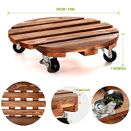 HOHY 2 Pack 12" Plant Caddy, Plant Stand with Wheels Wooden, Round
